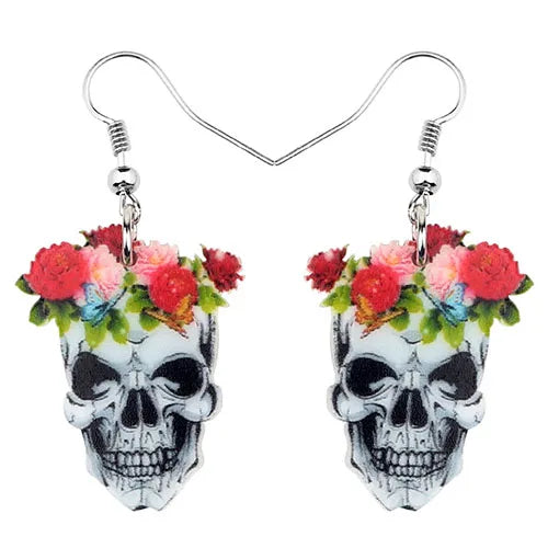 Aretes Calavera Halloween Rosa Flor