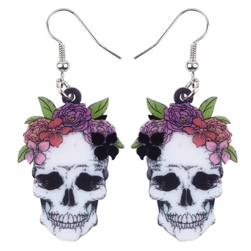 Aretes Calavera Halloween Rosa Flor