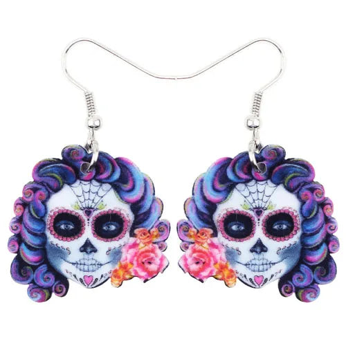 Aretes Calavera Halloween Rosa Flor