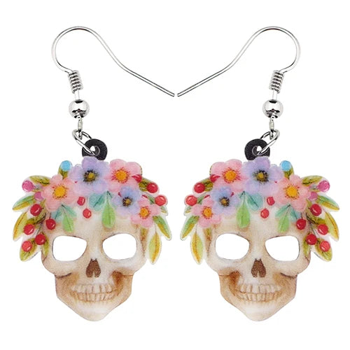 Aretes Calavera Halloween Rosa Flor