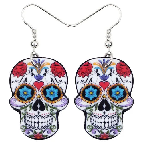 Aretes Calavera Halloween Rosa Flor