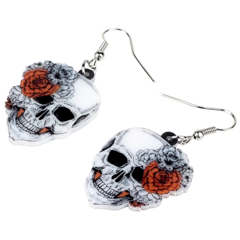 Aretes Calavera Halloween Rosa Flor