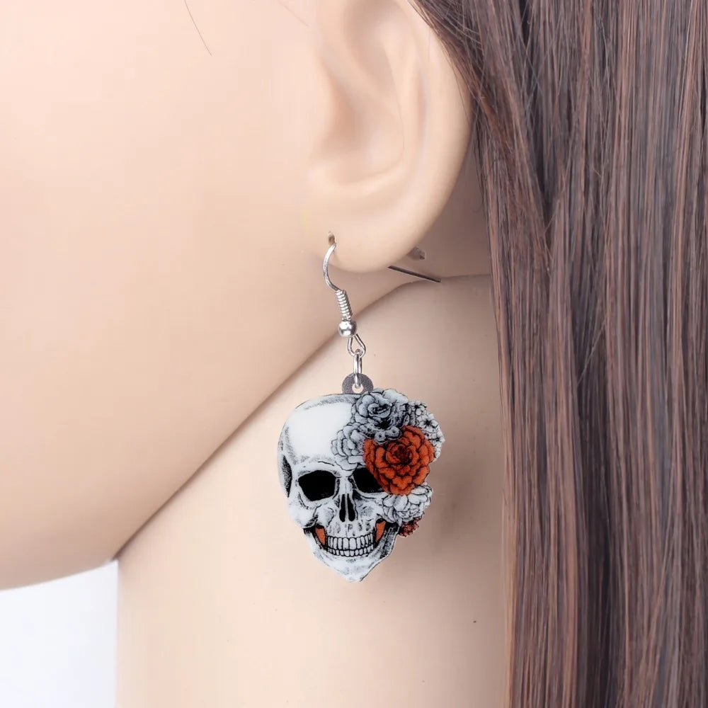 Aretes Calavera Halloween Rosa Flor