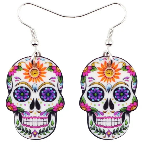 Aretes Calavera Halloween Rosa Flor