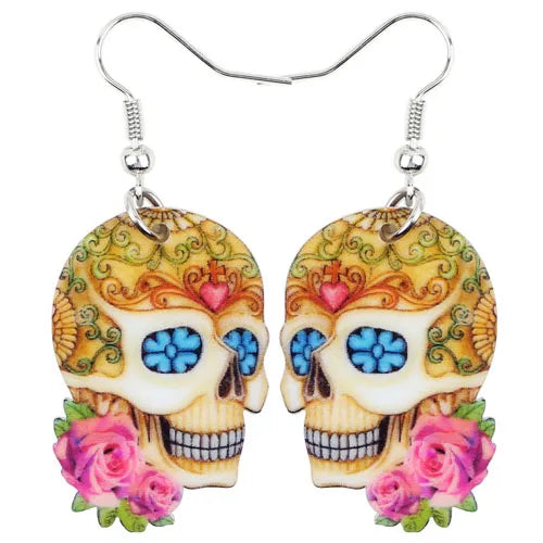 Aretes Calavera Halloween Rosa Flor