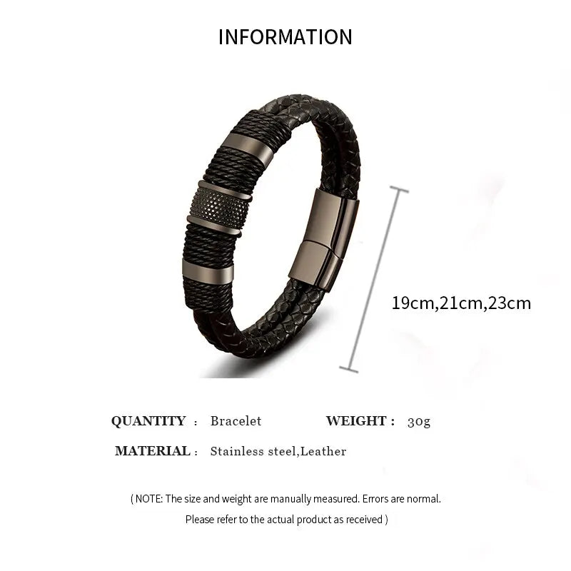 Pulsera de Cuero Trenzado Negro con detalles Metálicos