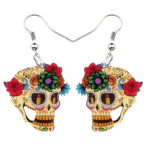 Aretes Calavera Halloween Rosa Flor
